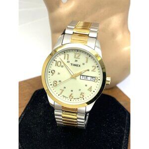 Timex Men's Watch T2M935 Quartz 36mm White Dial Indiglo Two Tone Stretched Band